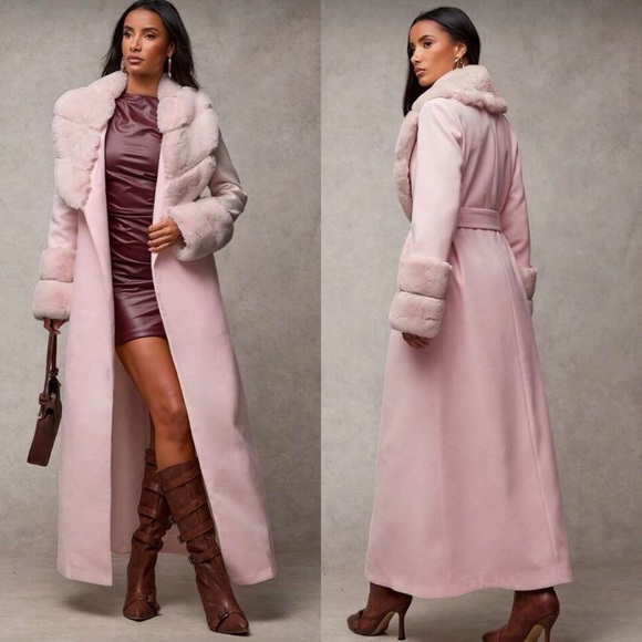 Luxury faux fur trimmed long coat fur jacket fur cuff fur collar vintage pink - Picture 4 of 8